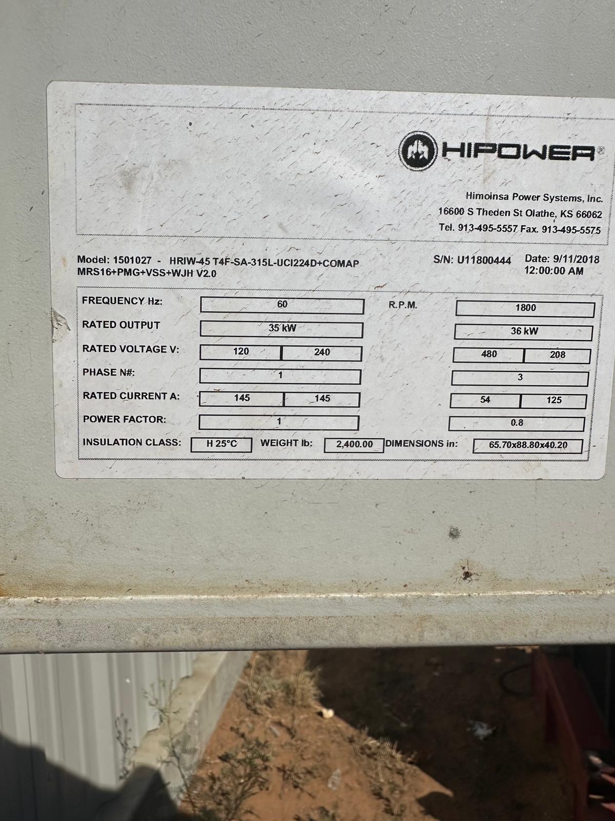 2018 Hipower Trailer Mounted Generator 45kw