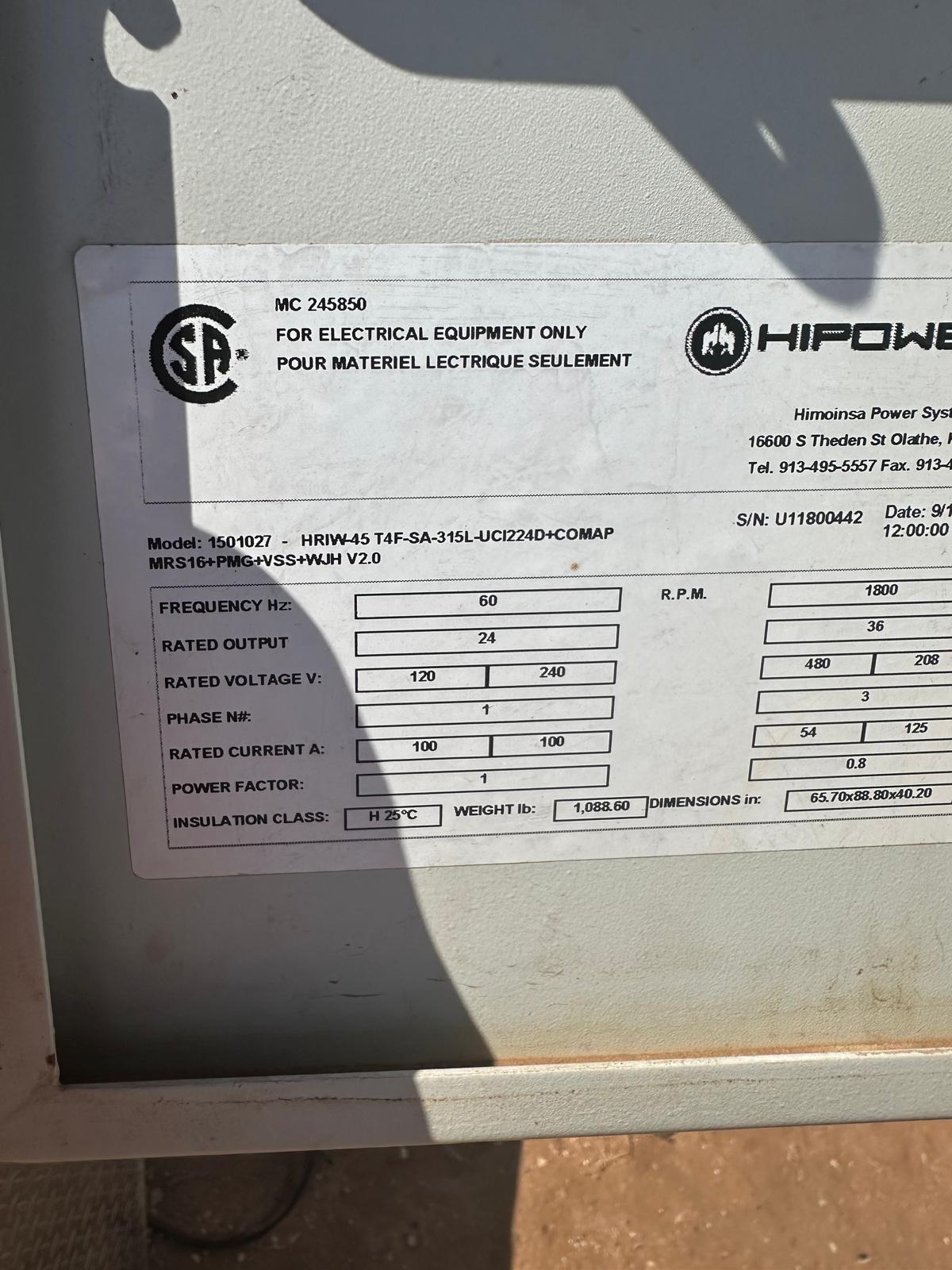 2018 Hipower Trailer Mounted Generator 45kw